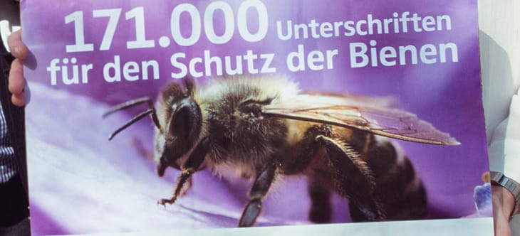 Plakat auf dem steht 171.000 Unterschriften für den Schutz der Bienen